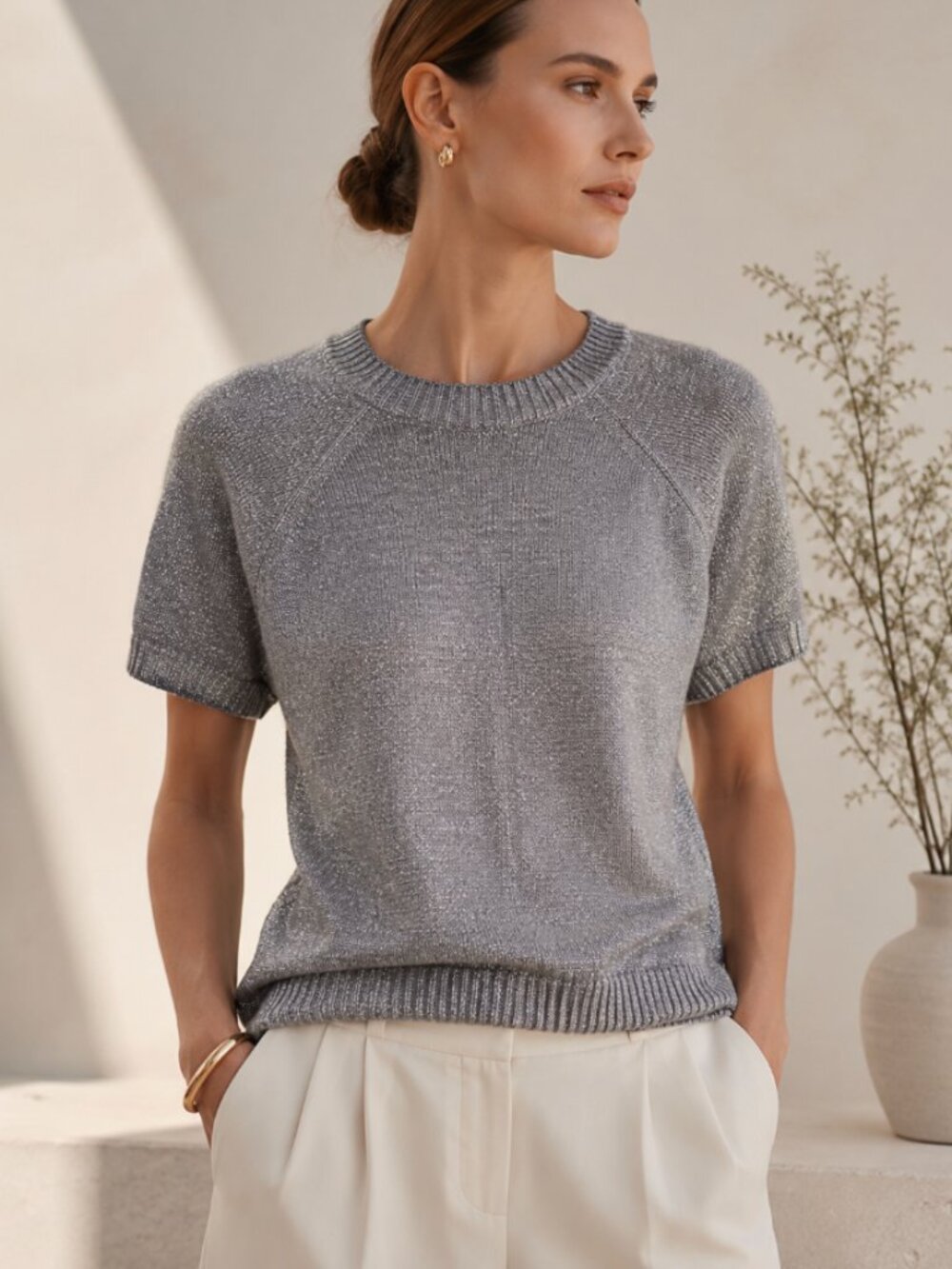 Banana Republic Heritage Metallic Silver Knit Sweater Top Quiet Luxury Size M